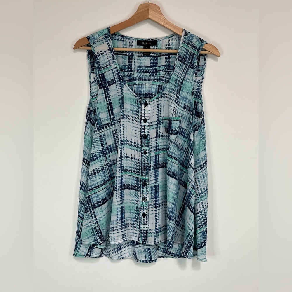 Style & Co. Blue and Green Plaid Tank Top EUC Size M